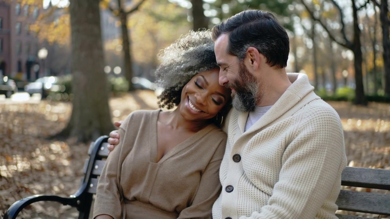 Placing arm around partner, man in cardigan, woman leaning in, cuddling on bench amid leaves
