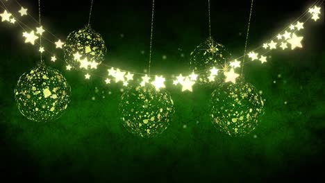 animación de cadenas de luz y bolos dorados sobre fondo verde.