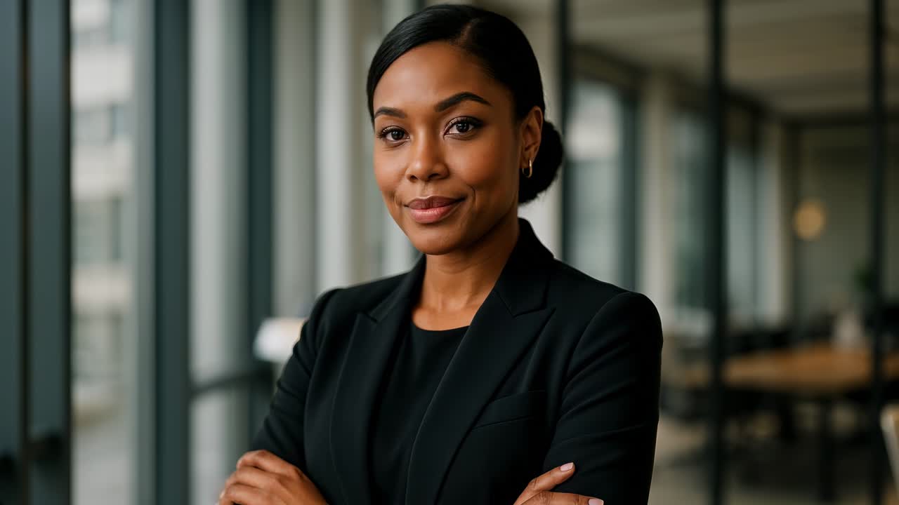 Professional woman in a black suit smiling confidently at the camera in a modern office setting