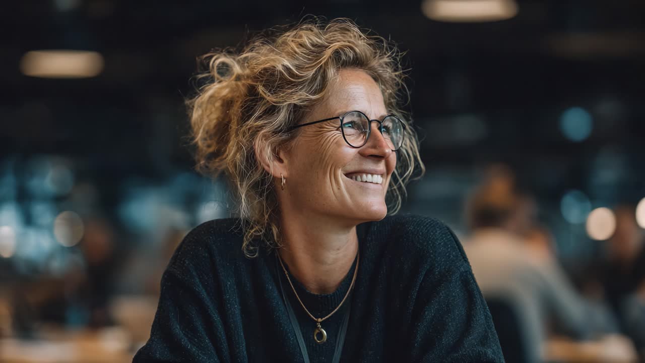 Una donna solare con capelli ricci e occhiali, che irradia positività e fascino in un vivace bar, catturata in due immagini che mostrano il suo sorriso contagioso e il suo comportamento rilassato