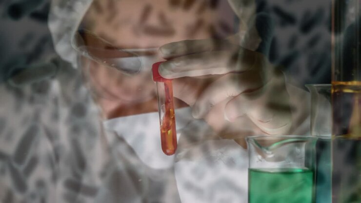 Animation of flowing blood cells, caucasian researcher wearing mask swirling liquid filled test tube