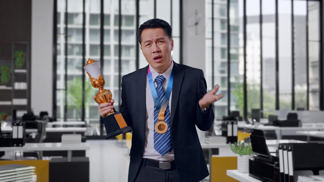 Businessman Holding a Trophy, Looking Disappointed in an Office Setting