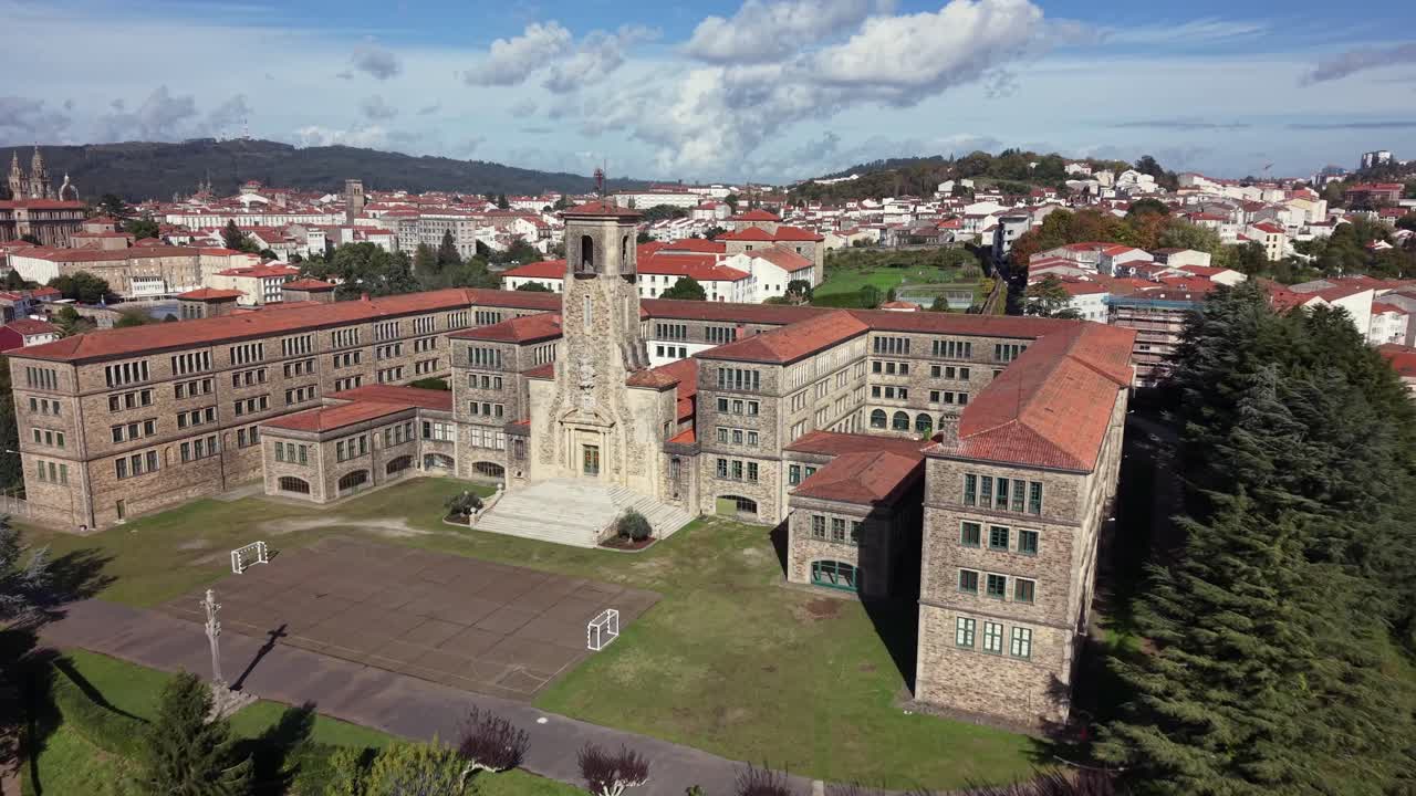 4K drone aerial view of the Minor Seminary in Santiago de Compostela in the Belvís area