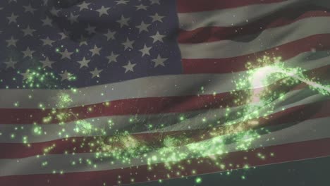 animation of flag of america over light spots and sparks