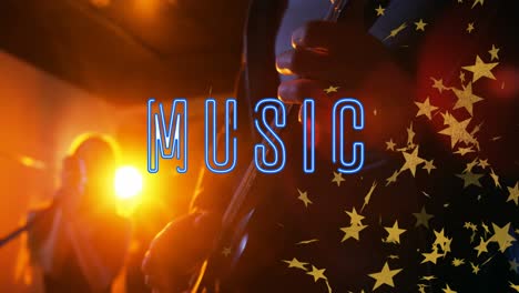 animation of music text over music band and stars