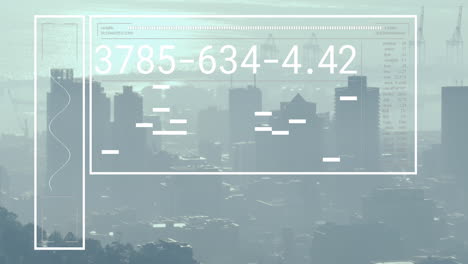 animación de la interfaz con el procesamiento de datos frente a una vista aérea del paisaje urbano