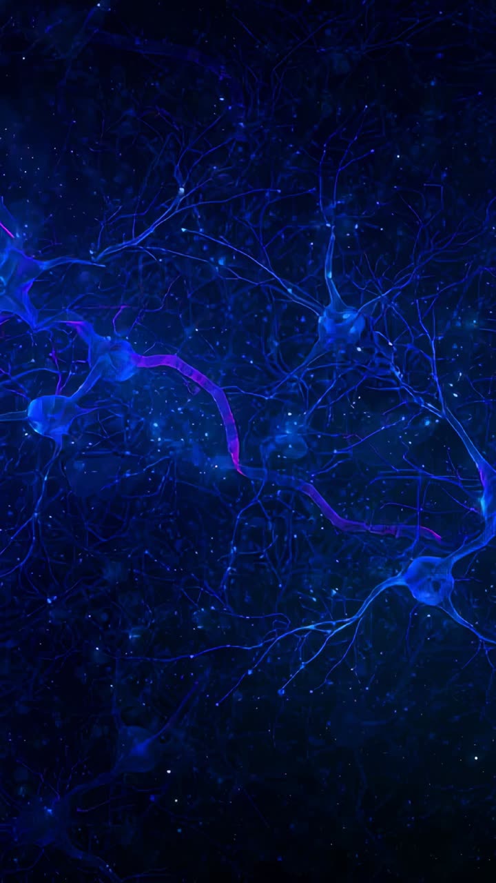 Vertical video: Starting with faint glow, neuron pair sending pulse through pink axon in network