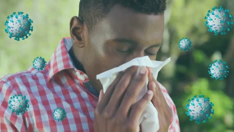 animation of virus cell over sick african american man having running nose