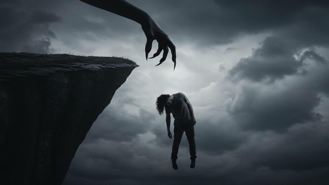 Un incontro inquietante tra oscurità e luce: la lotta di un'anima sospesa a mezz'aria, che affronta una mano minacciosa dall'alto in un cielo turbolento
