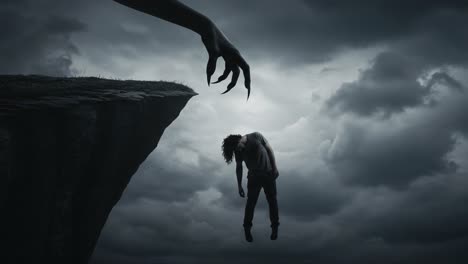 a haunting encounter between darkness and light: the struggle of a soul suspended in midair, facing an ominous hand from above in a turbulent sky