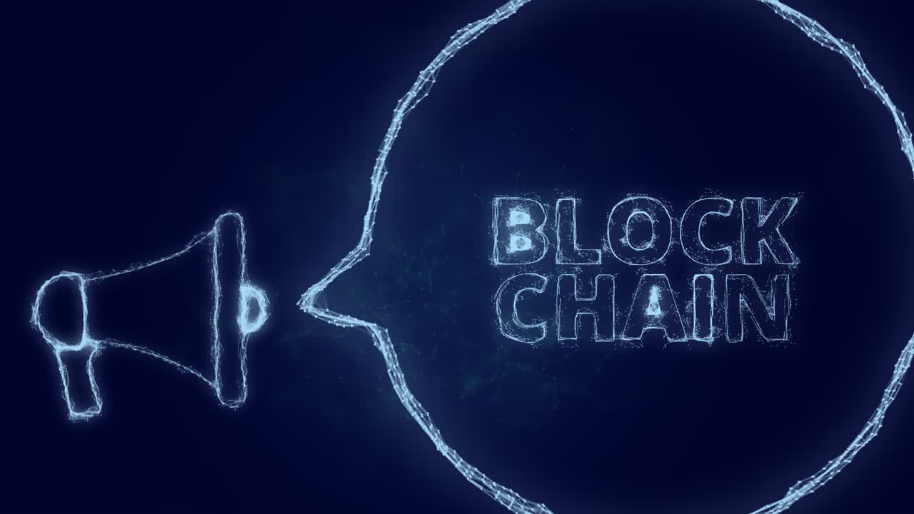 estandarte de megáfono con burbuja de habla y cadena de bloque de texto. estilo plexus de puntos y líneas brillantes verdes