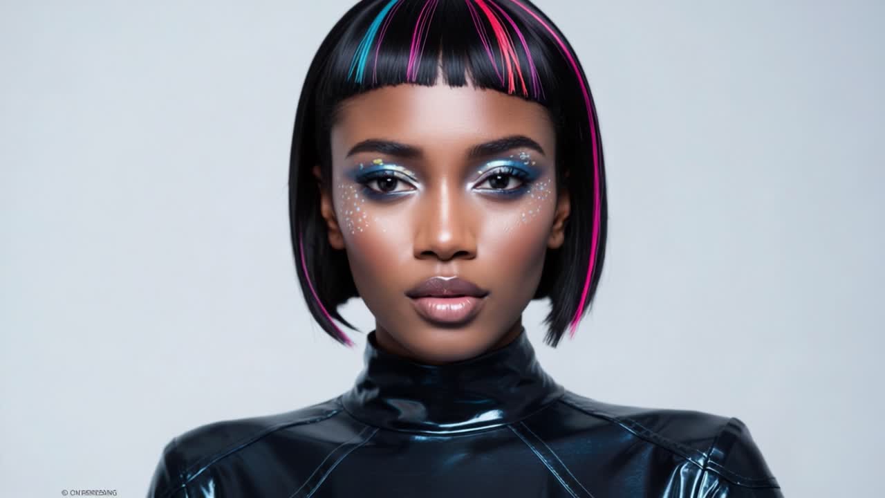 A Stunning Portrait of a Fashion Model with Vibrant Hair and Striking Makeup, Showcasing a Futuristic Aesthetic in a Glossy Black Ensemble