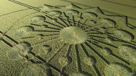 crop circle in green field, owslebury, england - aerial drone shot