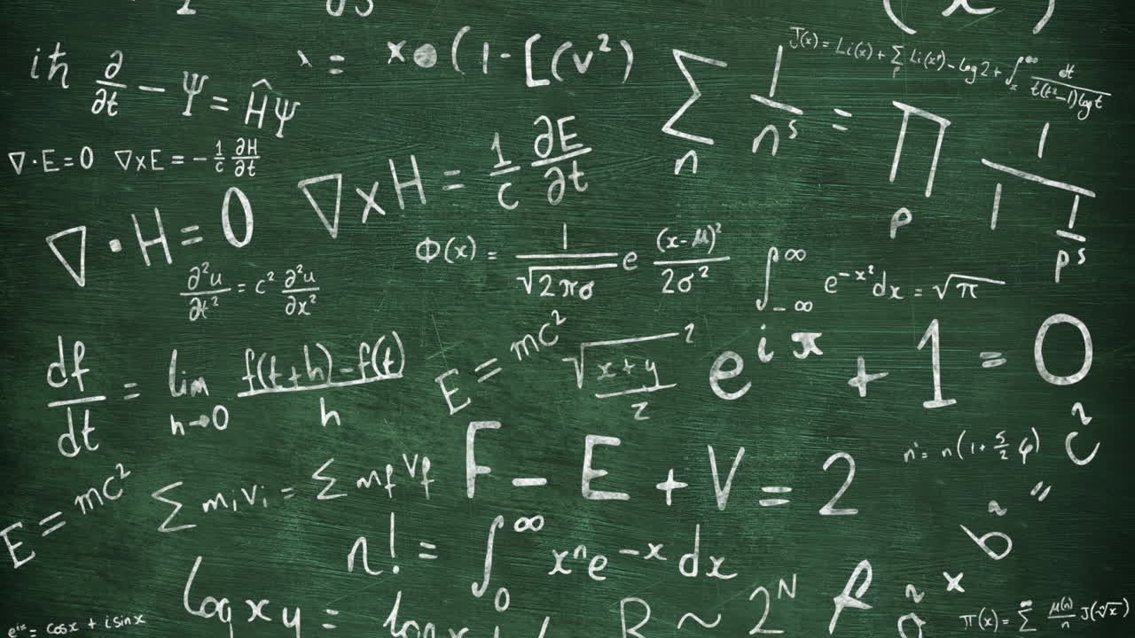 animación de ecuaciones matemáticas de desplazamiento escritas con tiza en la pizarra