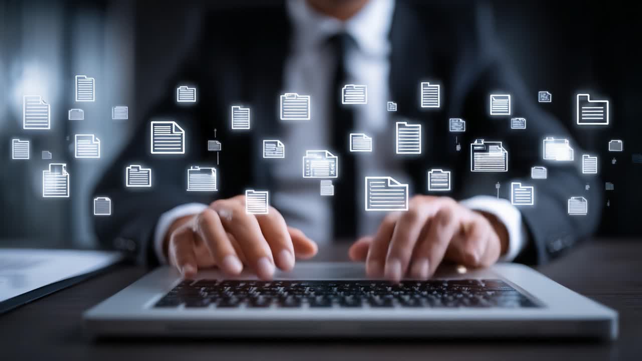 A Professional in a Suit Engages in Digital Document Management, Typing Efficiently on a Keyboard Surrounded by Floating Icons Representing Various File Types