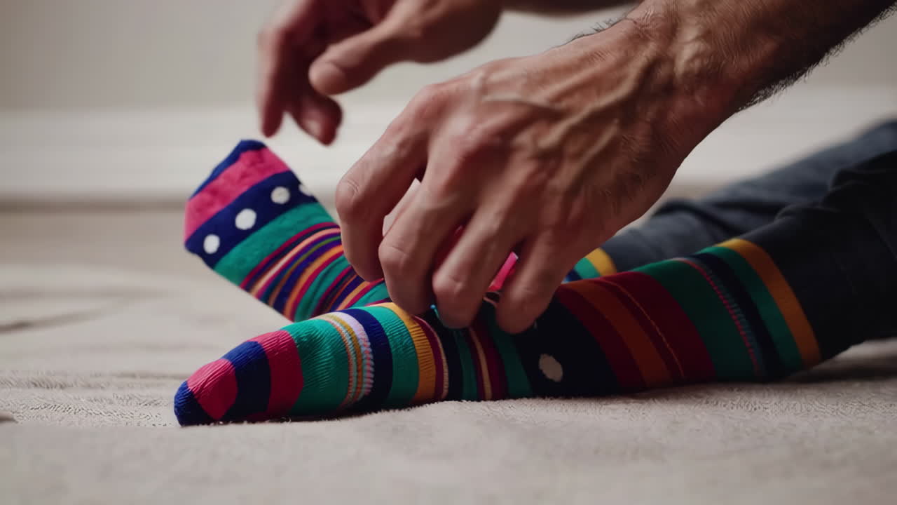 Person Adjusting Colorful Striped and Polka Dot Socks