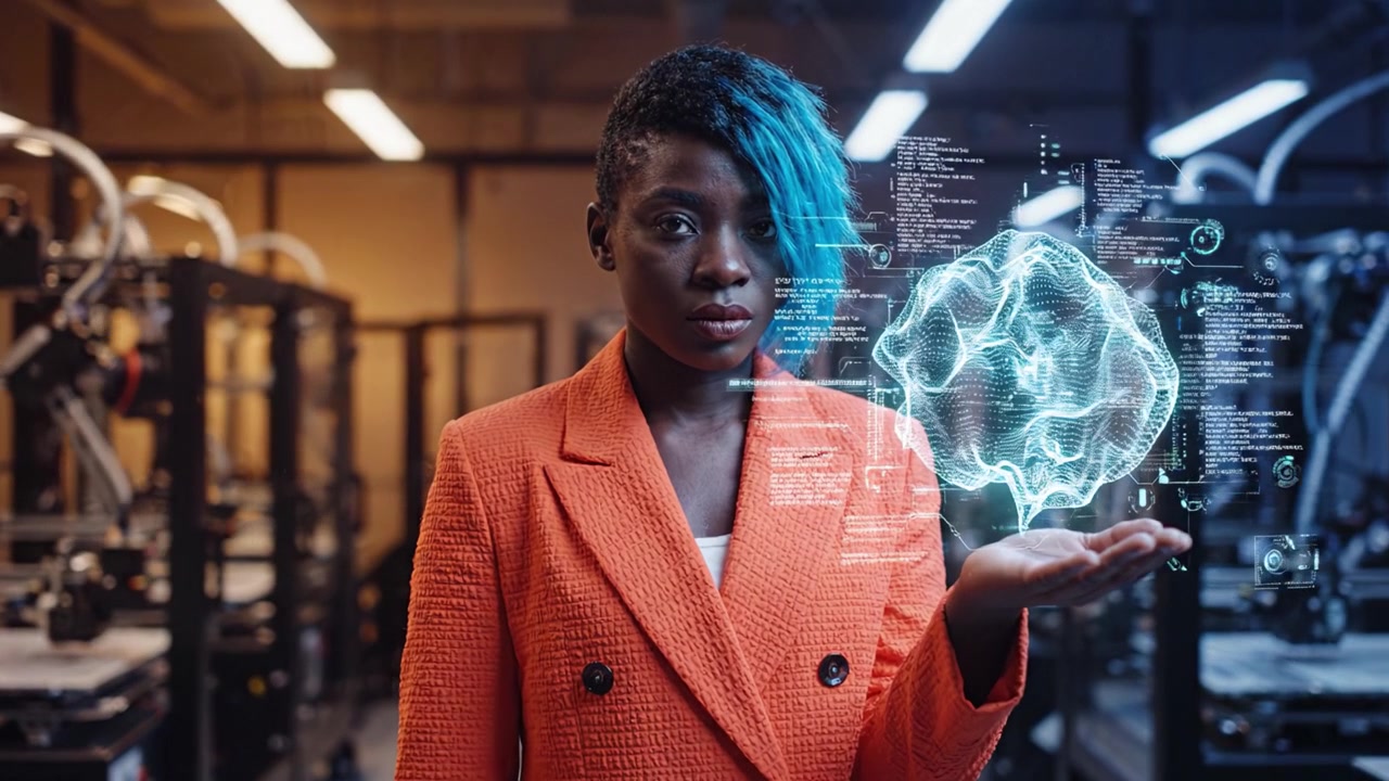 A confident woman in an orange blazer stands in a tech environment, showcasing her interaction with digital holograms, symbolizing innovation and creativity.