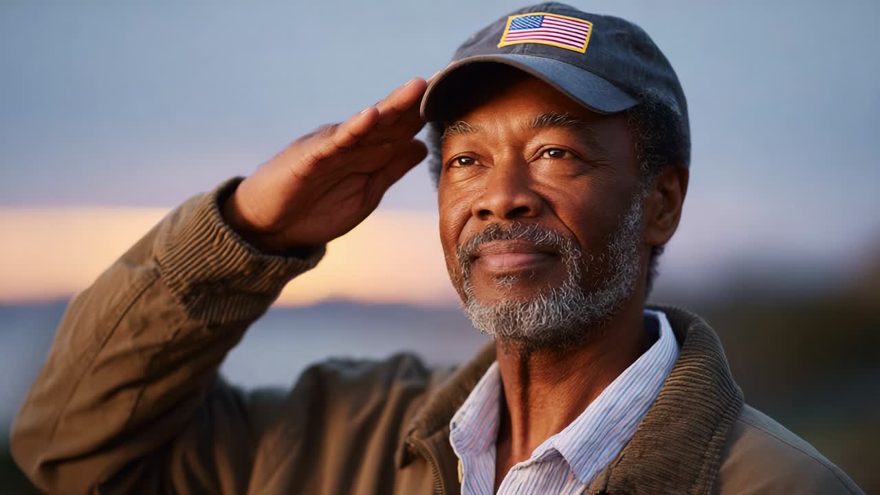 A Reflective Moment of Respect and Honor: A Man Saluting with Pride Against a Beautiful Dusk Horizon, Symbolizing Gratitude and Recognition of Service and Sacrifice in a Tranquil Setting
