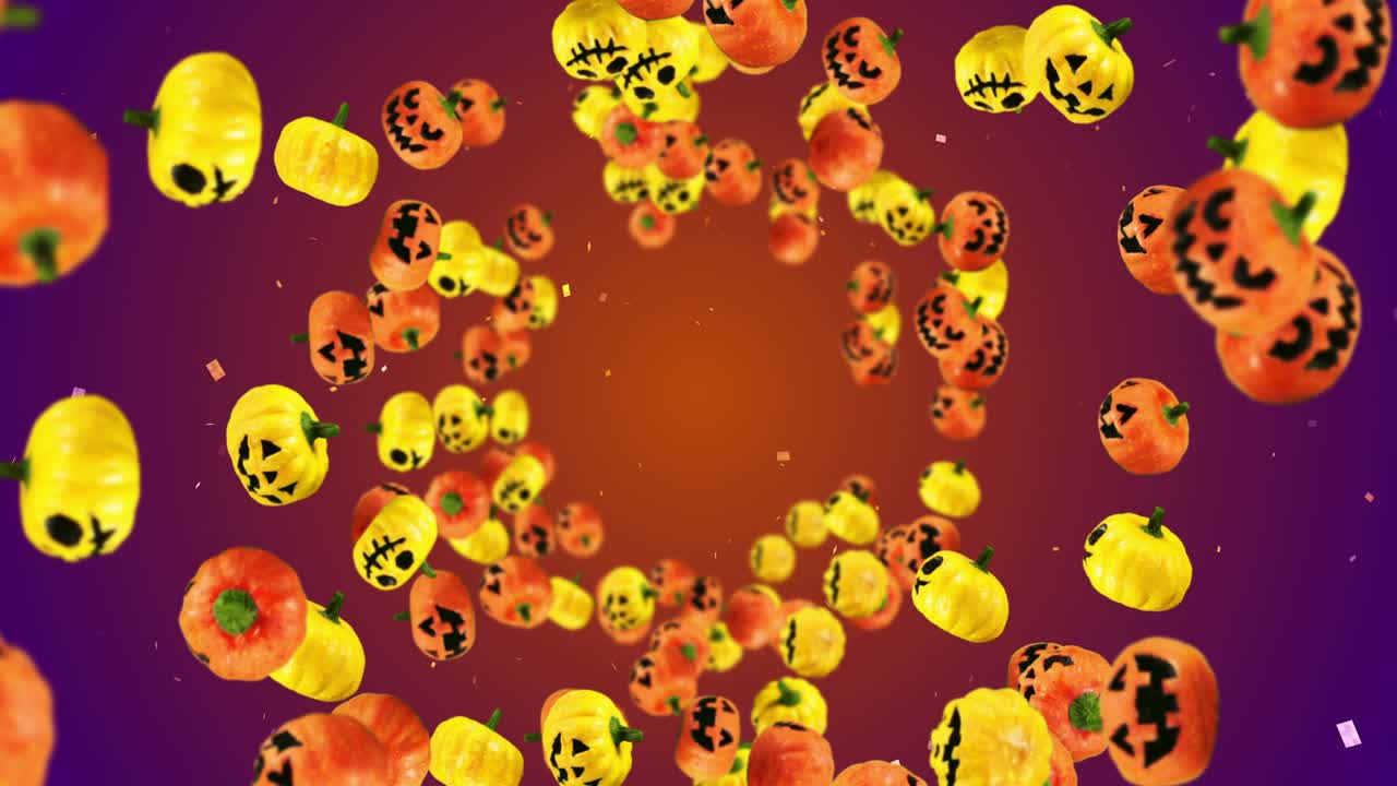 많은 오렌지색과 노란색의 호박을 날아다니며, 그라디언트 배경, 미소로 만화 얼굴, 할로윈 휴가에 대한 3d 애니메이션, 루프 애니메이션.