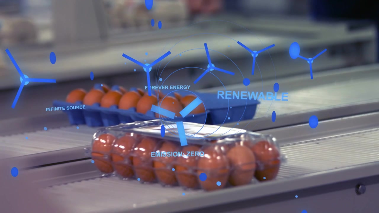 Clear egg pack moving on food line upon loading for packing, overlay centered showing green badge