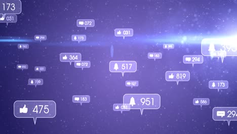 Animation-of-social-media-icons-and-numbers-on-grey-banners-over-stars-on-purple-sky
