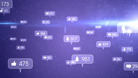animación de iconos y números de redes sociales en banderas grises sobre estrellas en un cielo púrpura