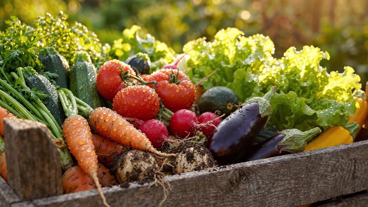 Una vibrante colección de verduras recién cosechadas exhibidas en una caja de madera rústica, mostrando la colorida abundancia de la agricultura ecológica en un entorno de jardín soleado.