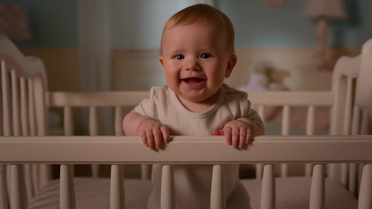 A happy baby standing in a crib