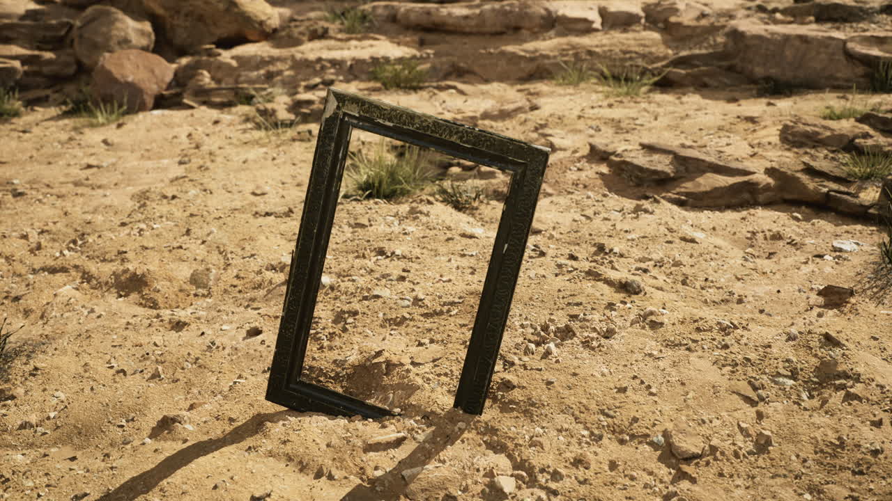 Desert landscape featuring an empty frame standing on sandy terrain
