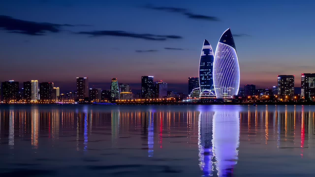 City Skyline at Dusk with Reflections