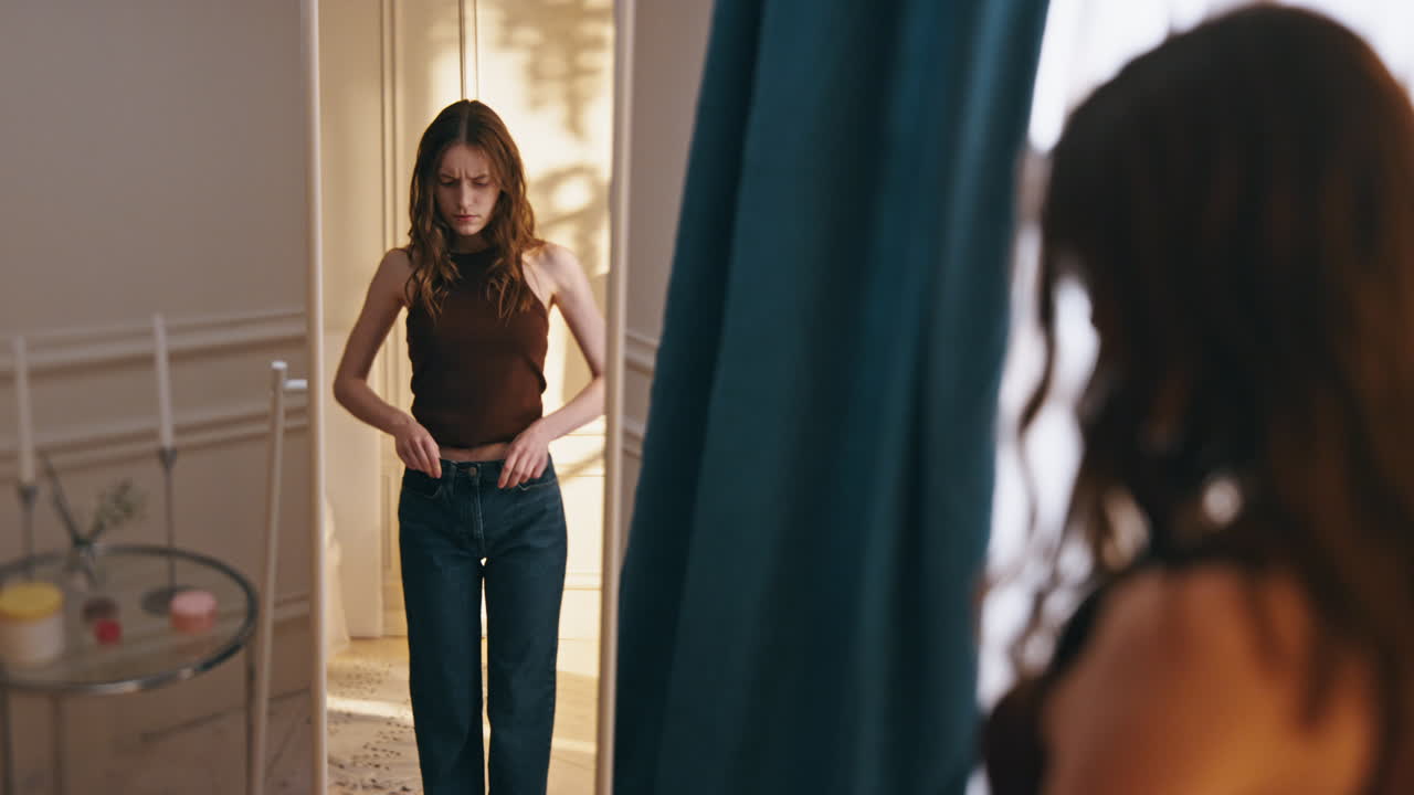 슬픈 여성 반영은 니 홈에서 큰 청바지를 시도합니다. 체중 감소 건강 문제