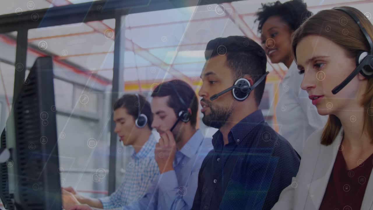 Animation of data processing over diverse business people in office