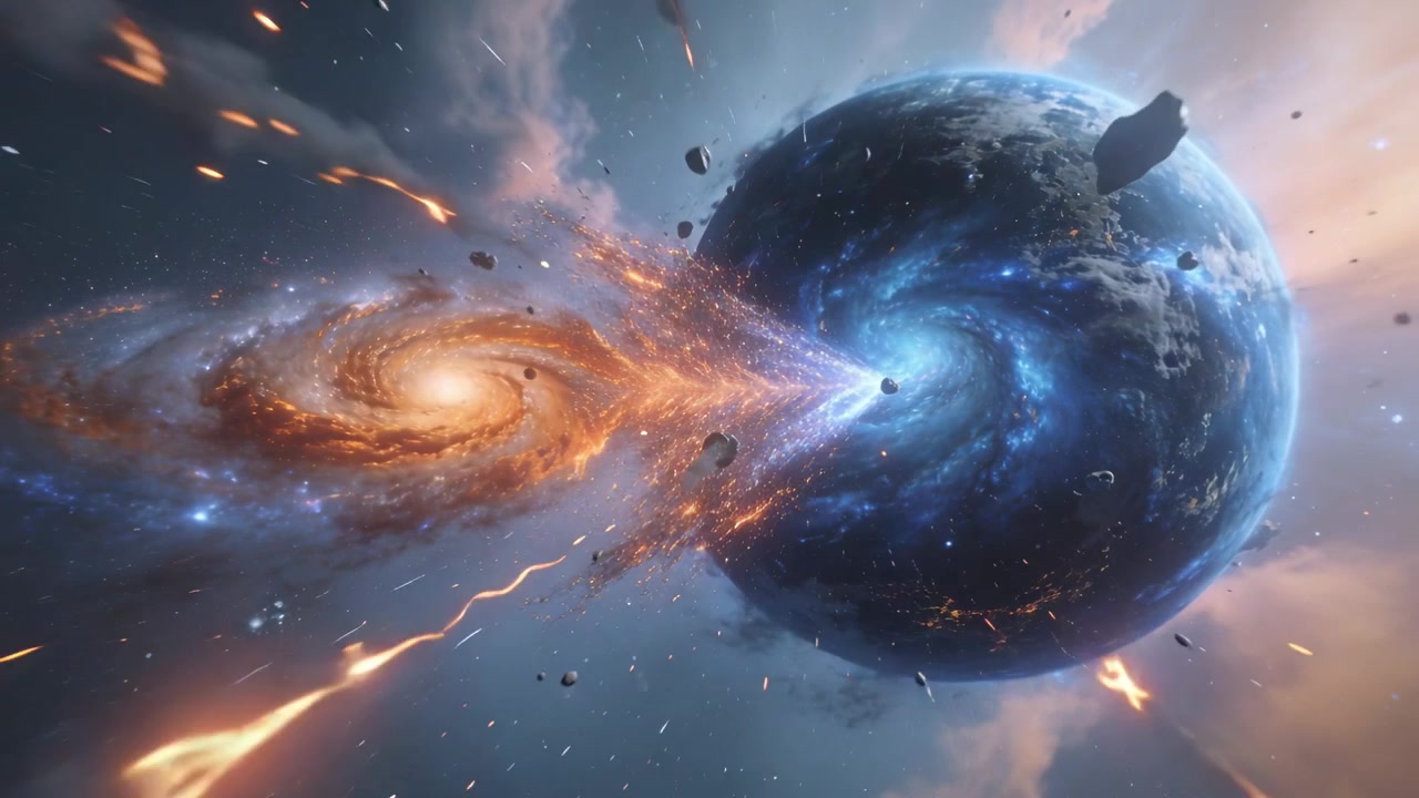 Pulling blue vortex planet drawing streams from orange spiral as bridge forming at nebula with jets