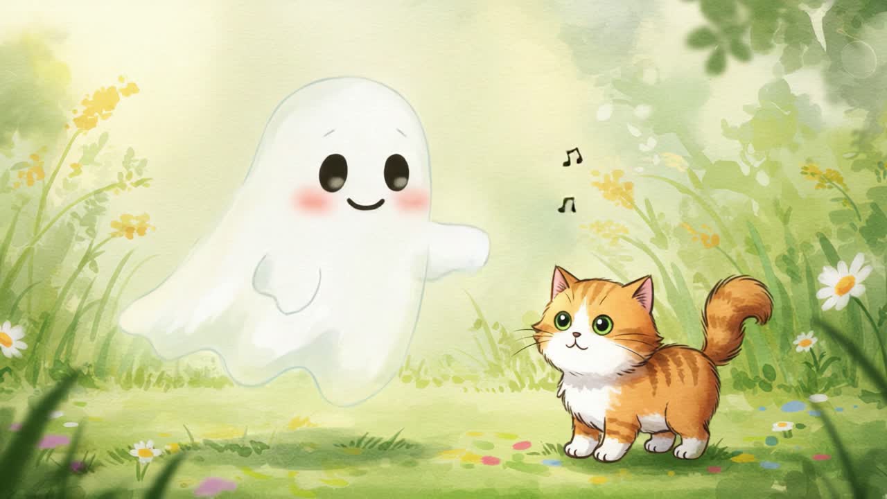 A Charming Encounter Between a Friendly Ghost and an Adorable Cat in a Lush, Flower-Filled Meadow Capturing the Magic of Friendship and Imagination