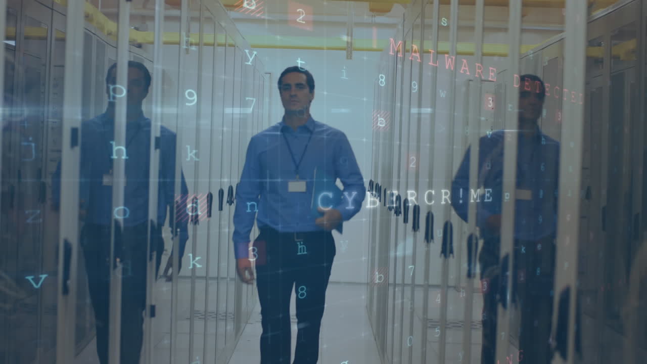 hombre caminando en la sala del servidor con mensajes de seguridad de datos en movimiento