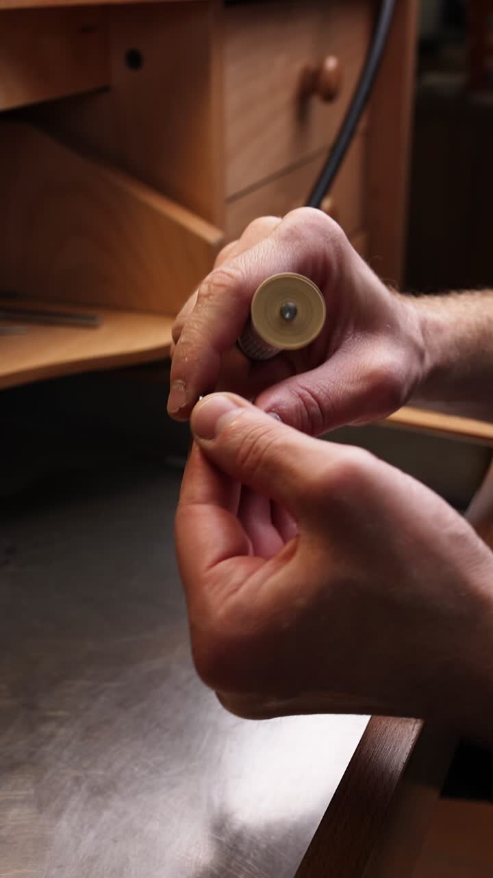 Close Up of Craftsman's Hands Working on Small Metal Object