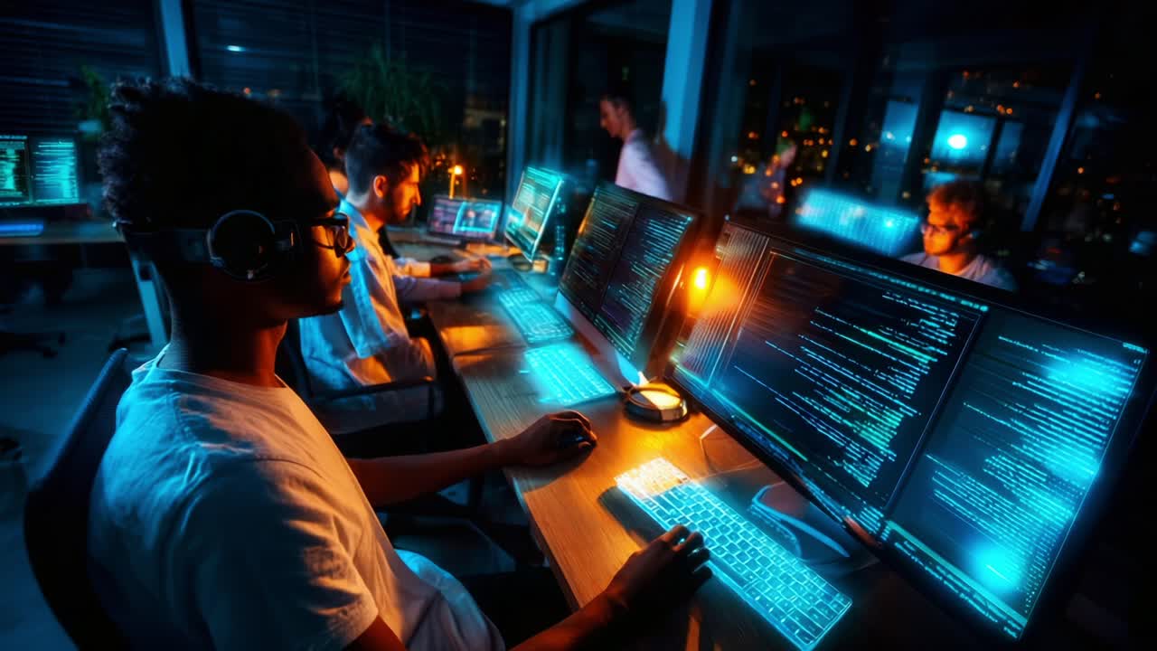 In a high-tech workspace, a diverse team of programmers collaborates at multiple screens, showcasing their skills in code, with vivid blue lights illuminating the modern environment