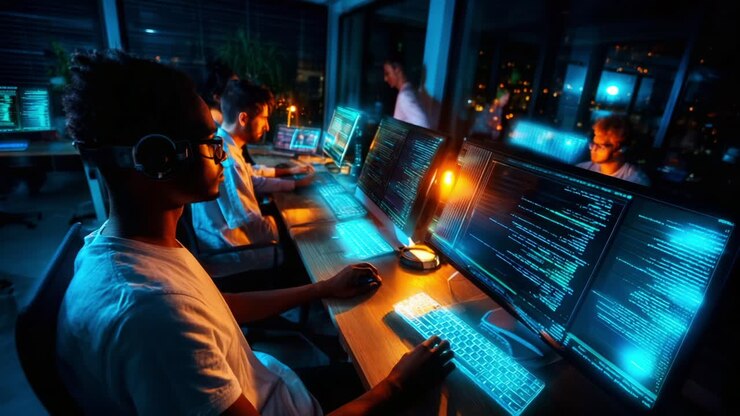 In a high-tech workspace, a diverse team of programmers collaborates at multiple screens, showcasing their skills in code, with vivid blue lights illuminating the modern environment