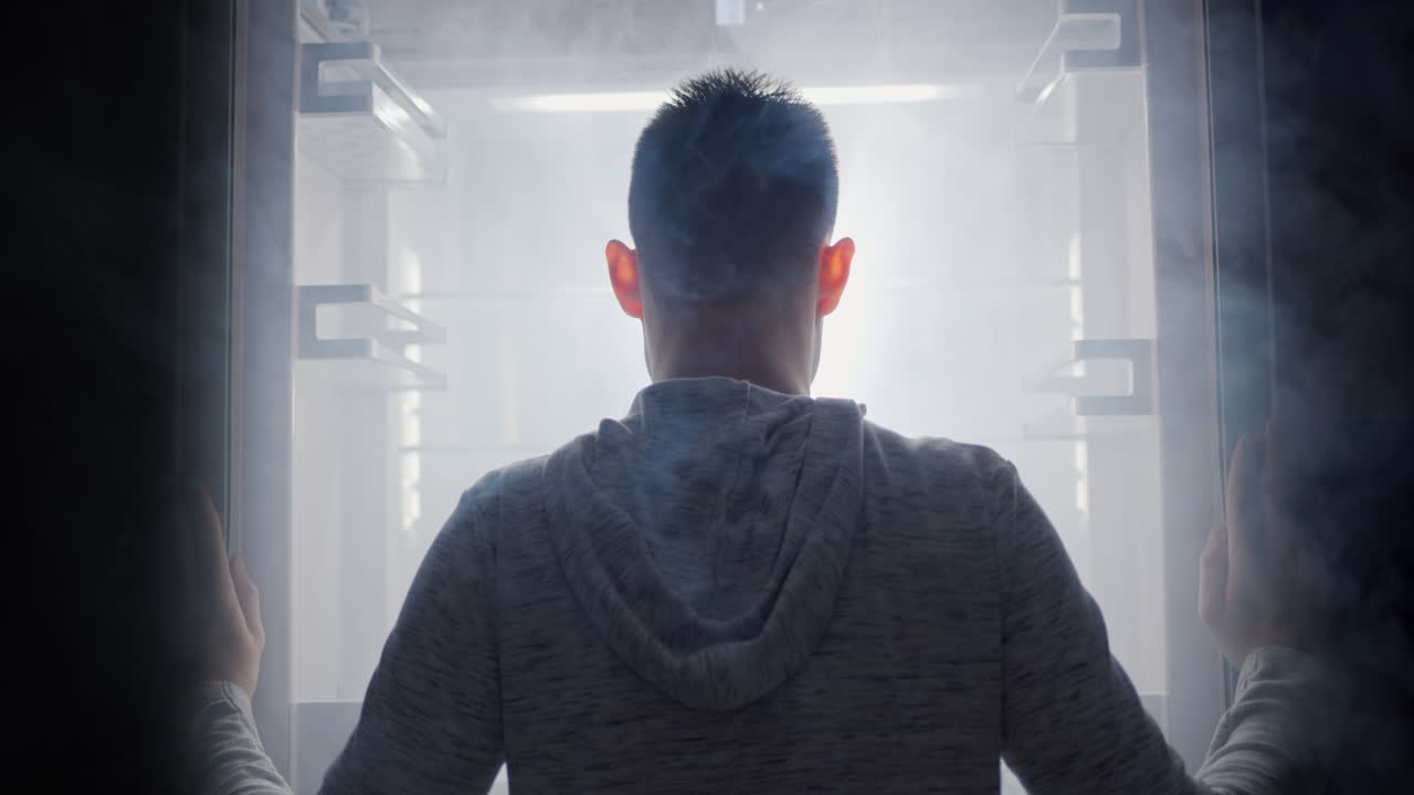남자는 냉장고 문을 열고, 빛과 안개가 거기서 나오고, 빛이 밝게 빛납니다. 극심한 냉각