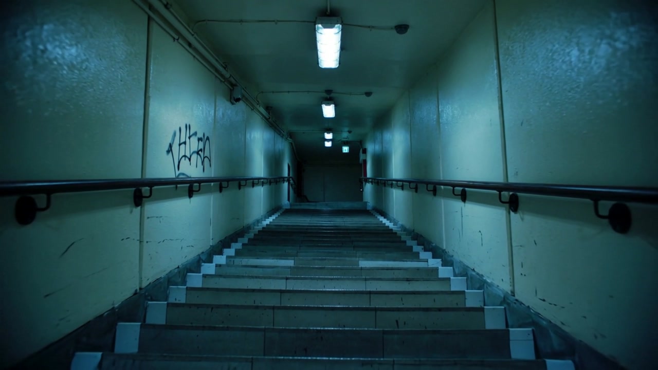 Moving camera approaching underground stairway, zooming, highlighting graffiti, steps, handrails