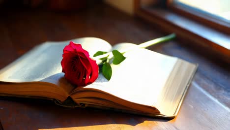 red rose on open book