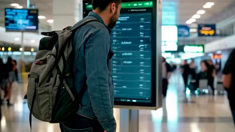 a male traveler with a backpack, standing in an airport terminal.