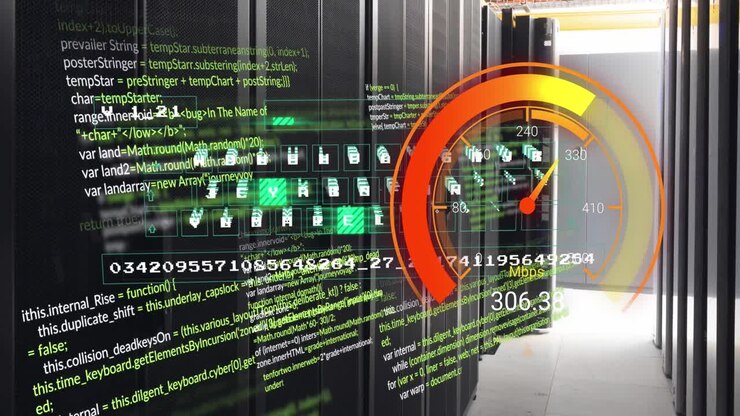 Animation of data processing and server room over speedometer