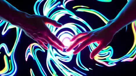 hands reaching towards a glowing energy sphere with neon light swirls