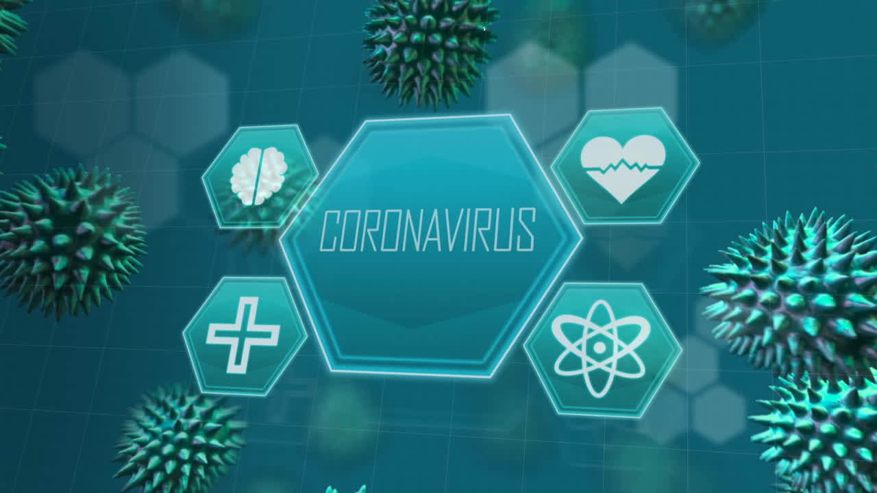 анимация клеток ковида-19, распространяющихся по синим медицинским значкам