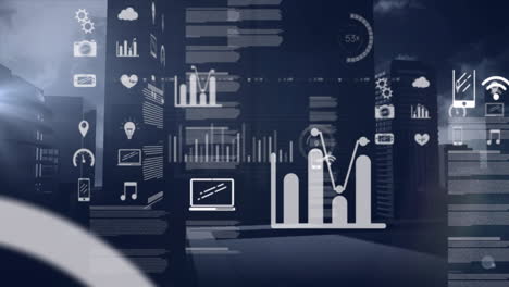 graphs and icons representing data analytics animation over cityscape background