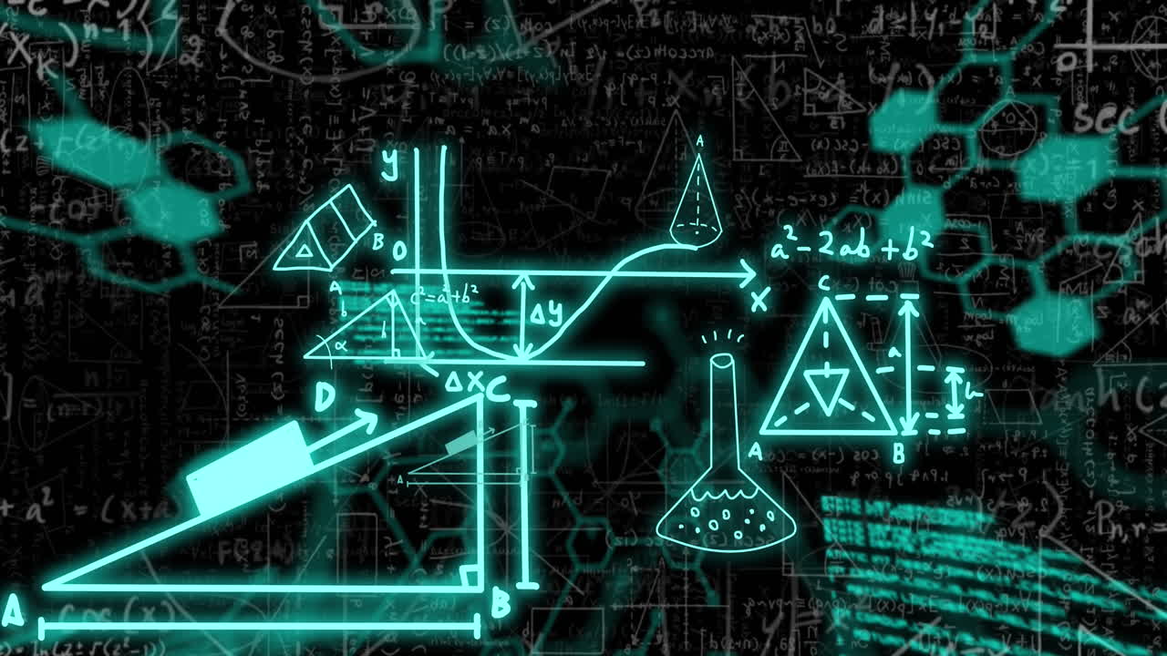 검은 바탕 위에 수학적 공식과 과학적 데이터 처리의 애니메이션