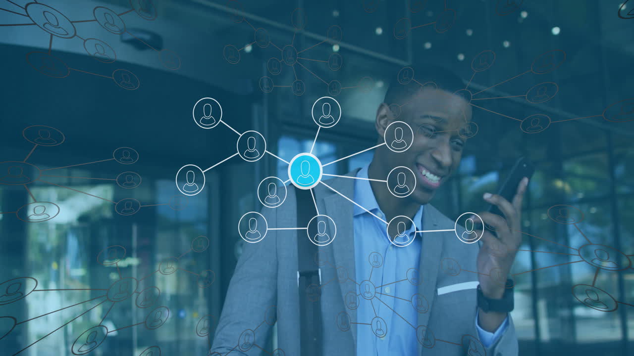 Talking on phone, businessman with network connections animation overlay in office