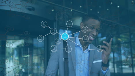 talking on phone, businessman with network connections animation overlay in office