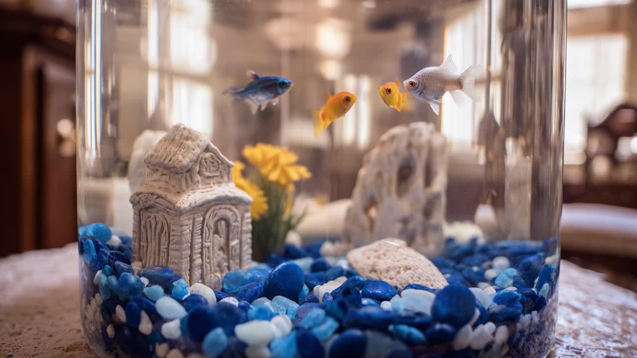 A Captivating Aquarium Display Featuring Colorful Fish, Decorative Stones, and Lively Plants in a Stunning Glass Bowl Environment